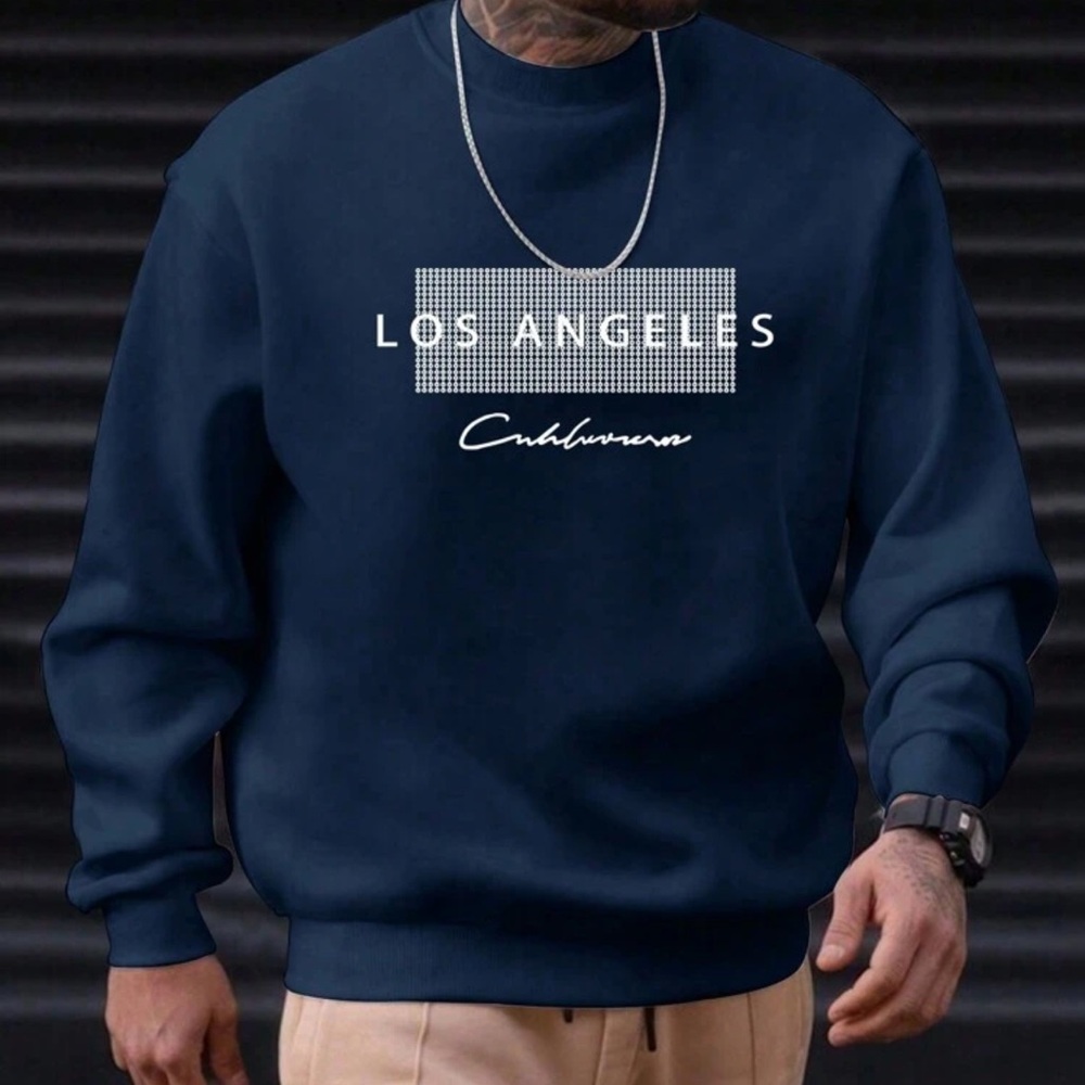 Men's Letter Print Casual Crew Neck Long Sleeve Loose Sweatshirt - Picture 2 of 6
